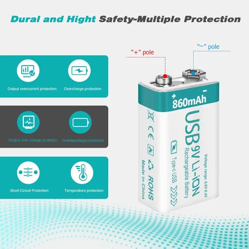 Miniatura 6 de Batería recargable de litio USB de 9 V de 860 mAh con cable de carga 4 en 1, baterías de 9 voltios 6f22 para detectores de humo (paquete de 8)