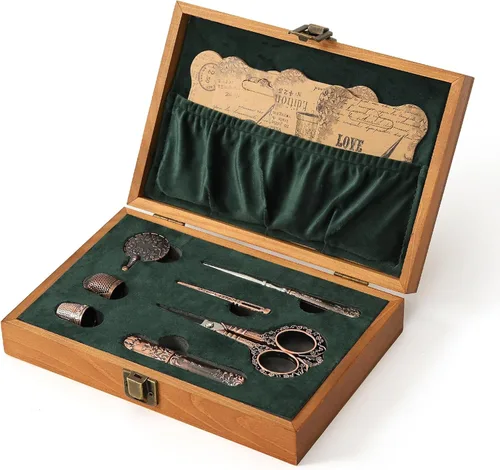 Miniatura 9 de Kit de tijeras de bordado vintage, regalo de Navidad para profesionales de costura, kit de costura antiguo europeo, herramientas de costura Plata