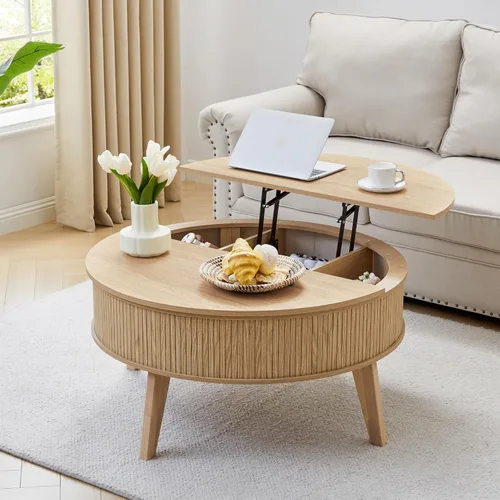 Miniatura 14 de Mesa de centro con parte superior acanalada totalmente montada con compartimento oculto, mesa central de madera, moderna mesa de elevación ovalada