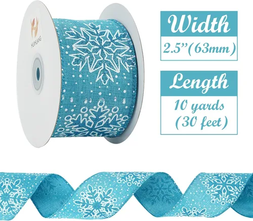 Miniatura 2 de HUIHUANG - Cinta de copo de nieve con alambre, cinta de arpillera con purpurina azul, borde de alambre, 2.5 pulgadas x 10 yardas, para decoración