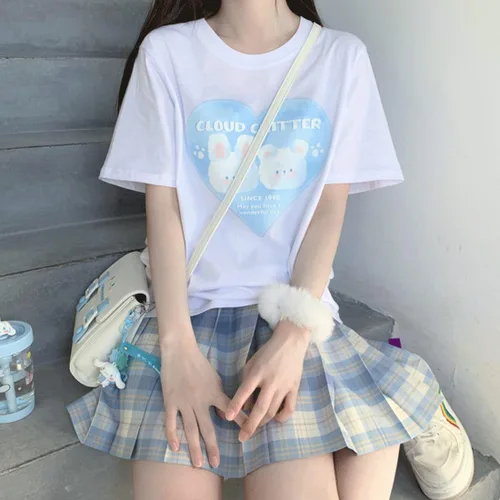 Miniatura 2 de Kawaii Clothes - Camiseta de cuello redondo con estampado de corazón de dibujos animados pastel