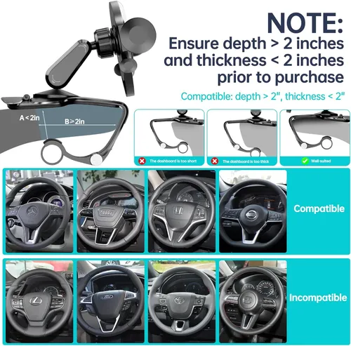 Miniatura 2 de Soporte de teléfono para tablero de automóvil, soporte universal de rotación de 360° para automóvil, soporte de teléfono multifuncional con clip