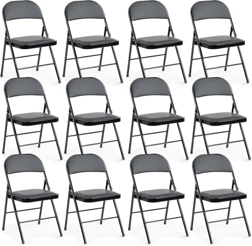 Miniatura 30 de DUMOS Paquete de 12 sillas plegables acolchadas de cuero, asiento comercial apilable portátil para interiores y exteriores con marco de acero, Caqui