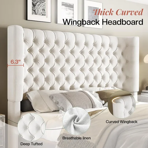 Miniatura 5 de Jocisland Base de cama tapizada tamaño Queen con cabecera curvada de 6.3 pulgadas, estribo copetudo, listones de madera, no necesita somier