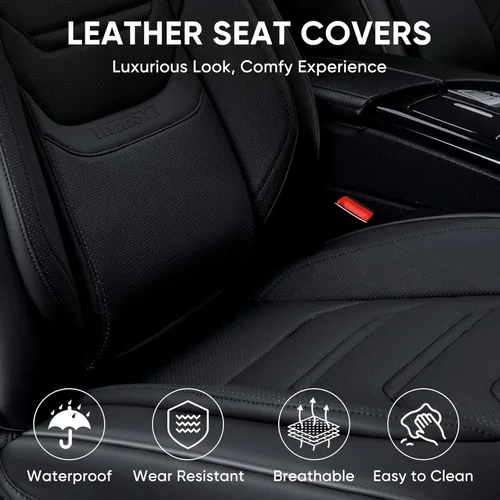 Miniatura 2 de TIEHESYT Fundas negras para asientos delanteros de automóvil, par de fundas de asiento delantero y reposacabezas de cuero transpirable para una