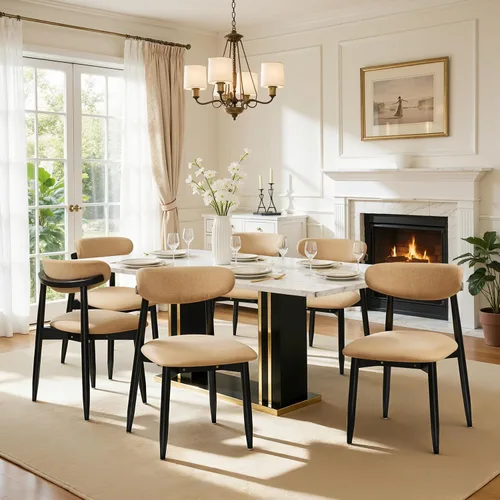 Miniatura 25 de CHUN YI Juego de 2 sillas de comedor tapizadas de madera maciza, sillas auxiliares de cocina de tela moderna de mediados de siglo con respaldo Beige