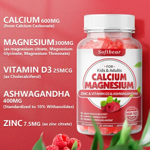 Miniatura 3 de softbear Gomitas de calcio y magnesio y zinc para mujeres, suplemento de calcio y magnesio con vitamina D3 para fortalecer los huesos, veganas/sin