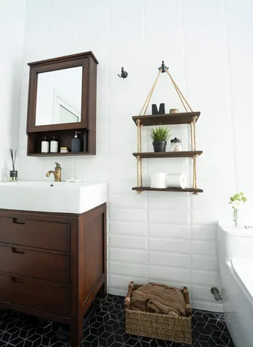 Miniatura 2 de Mkono Estantes colgantes de madera rústica de 3 niveles, estantes flotantes de pared para plantas de fotos, estante de almacenamiento colgante