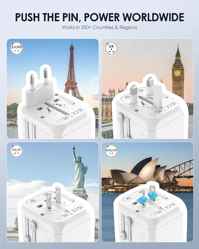 Miniatura 4 de EPICKA Adaptador de viaje universal de 35 W con 2 salidas de CA, adaptador de enchufe de viaje europeo con carga rápida PD, 6 puertos