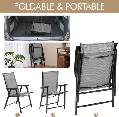 Miniatura 4 de Yaheetech Juego de 2 sillas de comedor para patio con reposabrazos, sillas plegables para exteriores con marco de metal y respaldo para césped, Gris