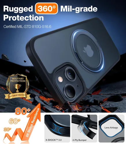 Miniatura 6 de TORRAS Funda con soporte giratorio de 360° para iPhone 15/iPhone 14, compatible con MagSafe, soporte de anillo magnético
