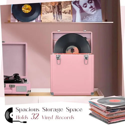 Miniatura 7 de Caja de almacenamiento de discos de vinilo Hododou con candado Organizador de discos Almacenamiento para más de 30 discos individuales de 12 Rosa
