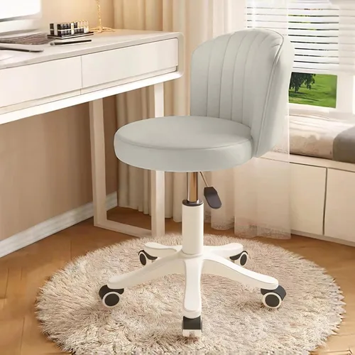 Miniatura 6 de Silla pequeña redonda de escritorio con ruedas, cómoda silla de tocador para computadora con respaldo bajo, piel sintética, altura ajustable, Gris