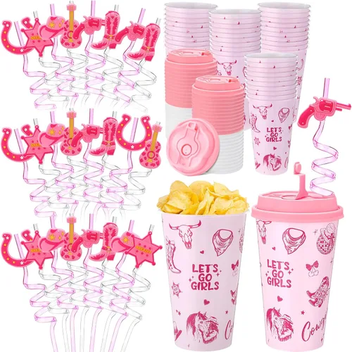 Miniatura 34 de Yungyan 16 juegos de tazas de golosinas con tapas y pajitas para decoraciones de cumpleaños, reutilizables, 16 onzas, vasos de plástico para dulces