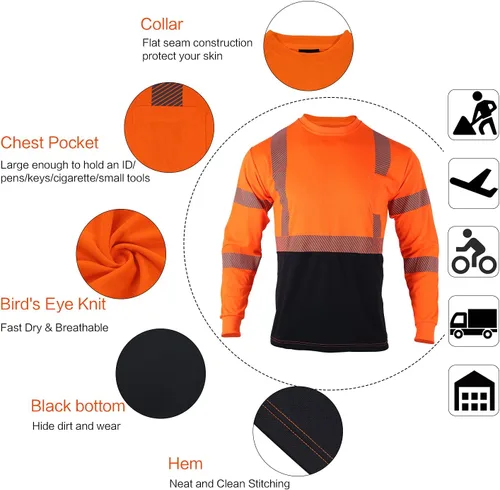 Miniatura 5 de FONIRRA Camisetas reflectantes de seguridad de alta visibilidad para hombre con manga larga ANSI Clase 2 Naranja, 2XL
