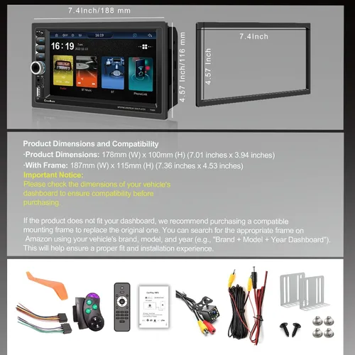 Miniatura 8 de Apple CarPlay doble Din inalámbrico, 7 pulgadas Bluetooth 5.2, radio de coche FM, IPS 1024 x 600 pantalla táctil estéreo de coche, cámara