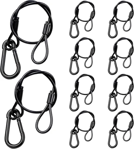 Miniatura 9 de Paquete de 4 cables de seguridad colgantes de cadena negra con abrazaderas de gancho para luces, cordón de acero inoxidable, cadenas de seguridad