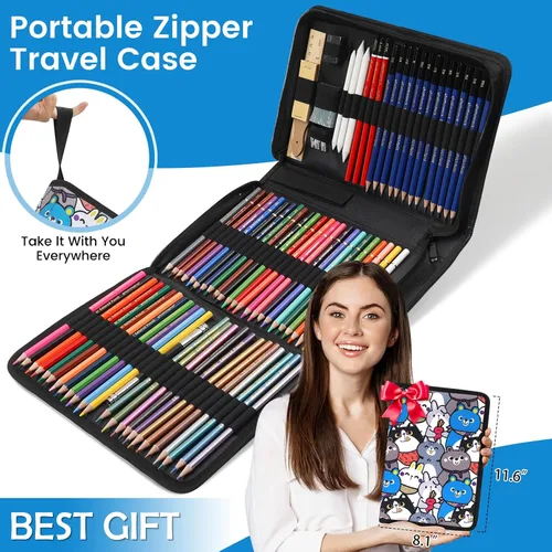 Miniatura 7 de Kit de 100 suministros de arte para dibujo, juego de suministros de dibujo profesional con cuaderno de bocetos de 3 colores, libro para colorear