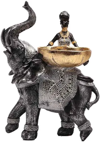 Miniatura 10 de Lescafita Escultura de Elefante Africano Dorado, Exquisita Decoración Animal para el Hogar, con Bandeja de Almacenamiento en la Parte Superior