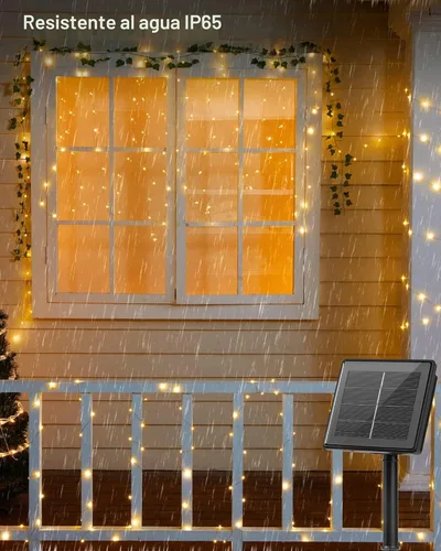 Miniatura 7 de Brightown Guirnalda de luces solares, 2 paquetes de 200 luces LED solares de 66 pies con 8 modos, luces solares impermeables para exteriores, patio