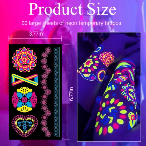 Miniatura 6 de Tatuajes Temporales 170 PCS Tatuajes que Brillan en la Oscuridad que Reaccionan a la Luz Negra UV de Neón, Tatuajes para Niños, Adolescentes
