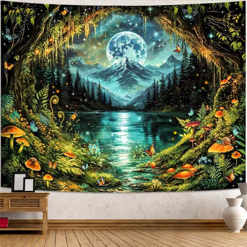 Miniatura 14 de Kanuyee Tapiz de bosque verde, tapiz de paisaje para pared, tapices de naturaleza para techo y pared, colgante para dormitorio, sala de estar