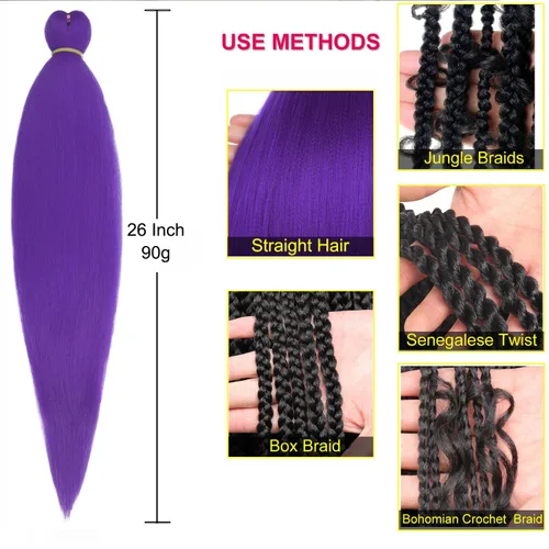 Miniatura 3 de Leeven 26 pulgadas, 2 paquetes de cabello trenzado color lila claro preestirado, cabello trenzado lavanda preestirado, extensiones de cabello