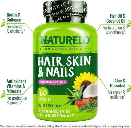 Miniatura 2 de NATURELO Vitaminas para el cabello, la piel y las uñas, 5000 mcg de biotina, colágeno, vitamina E natural, suplemento para piel sana, crecimiento