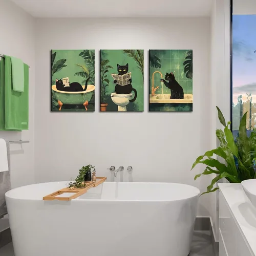 Miniatura 8 de 3 piezas de divertidos carteles de gato negro en lienzo para pared de baño Arte de pared vintage Gato se lava las patas leyendo el periódico