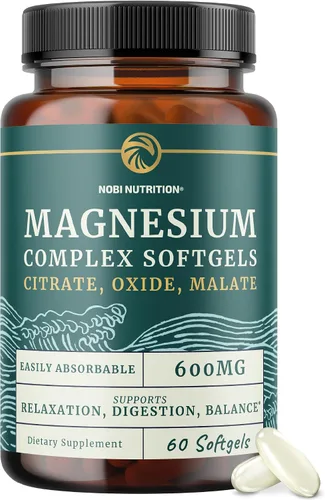 Cápsulas blandas de triple magnesio | Citrato, malato y óxido | Suplemento de magnesio altamente absorbible para digestión, calambres en las piernas