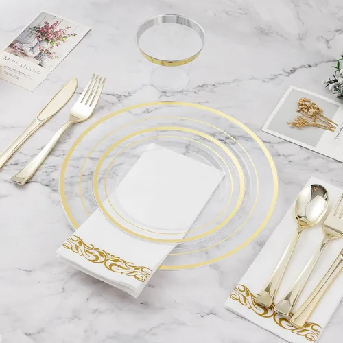 Miniatura 5 de BESTVIP Juego de vajilla desechable de 350 piezas de oro transparente para 50 invitados, platos de plástico para fiestas, bodas, Navidad, incluye