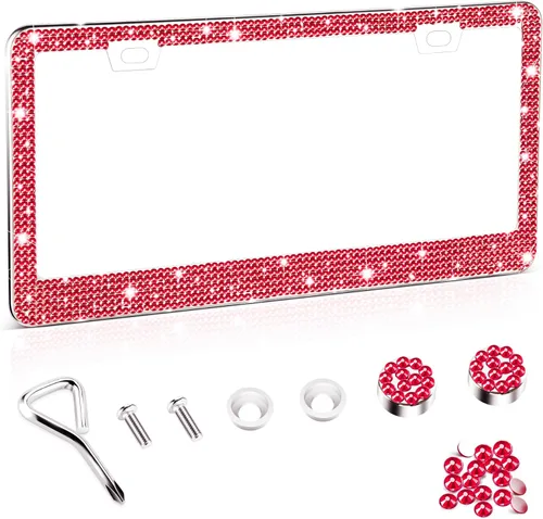 Miniatura 18 de Amiss Marco de matrícula brillante para mujer, 1 paquete de diamantes de imitación hecho a mano de cristal de acero inoxidable de alta calidad, Negro
