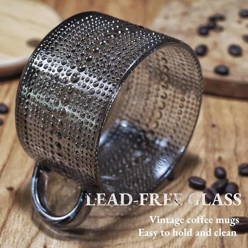 Miniatura 3 de Tazas de café de vidrio vintage, juego de 2 tazas de té de cristal en relieve de 14 onzas para desayuno, postre, capuchino, latte, cereales, yogur