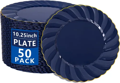 Miniatura 10 de YOUBET Paquete de 100 platos de plástico festoneado azul, platos desechables azul marino de 6.5 pulgadas, elegante plato de postre vintage de alta