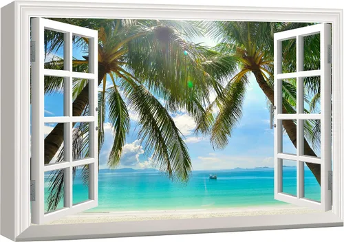 Miniatura 15 de wall26 - Cuadro en lienzo para pared, vista de ventana, atardecer neón, cielo, palmera tropical, playa, naturaleza, desierto, fotografía, realismo