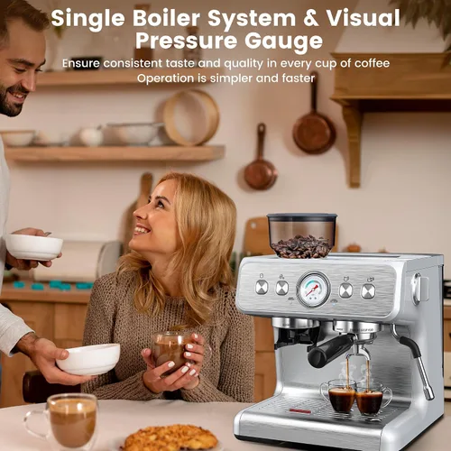Miniatura 6 de Máquina de café expreso con molinillo integrado, cafetera profesional de 15 barras con espumador de leche, cafetera espresso de acero inoxidable