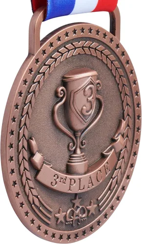 Miniatura 3 de Medallas de bronce dorado y plateado para premios de trofeo del 1er 2º y 3er lugar, acabado brillante o antiguo con cinta de satén roja, blanca