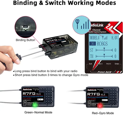 Miniatura 8 de Radiolink R7FG - Receptor de giroscopio de 7 canales, 2.4 GHz, telemetría integrada, control de largo alcance para RC coche, barco, transmisor