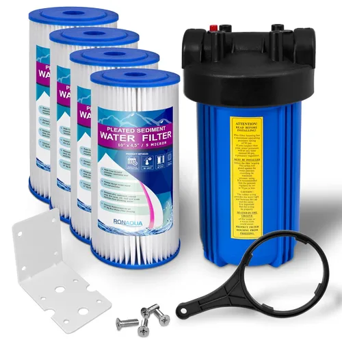 Miniatura 10 de Sistema purificador de filtro de agua azul de alta capacidad de 10 x 4.5 pulgadas para toda la casa con botón de alivio de presión, puerto de latón