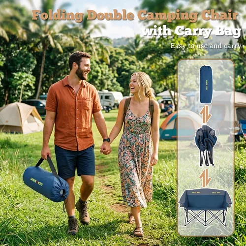 Miniatura 7 de Unisakey Silla de campamento doble, sofá biplaza acolchado de gran tamaño, silla plegable resistente de 650 libras con portavasos y bolsa