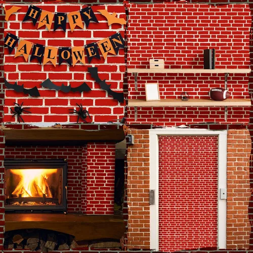Miniatura 5 de Chumia 6 manteles de ladrillo rojo, fondo de pared de ladrillo de plástico de 54 x 108 pulgadas, mantel rectangular para decoración de fiesta