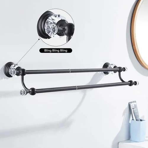 Miniatura 3 de WINCASE Toallero de cristal, toallero ajustable doble negro mate, colgador de toallas de baño, soporte para toallas montado en la pared
