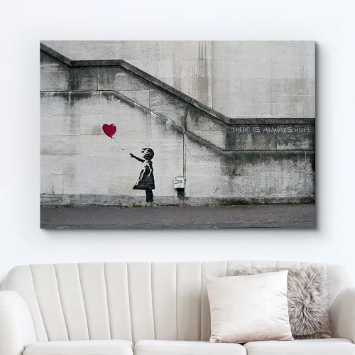 Miniatura 2 de Impresión sobre lienzo estampado Wall26 de Banksy Street, listo para colgar Siempre hay esperanza: globo de niña y corazón rojo