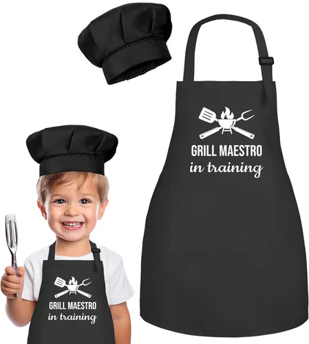 Juego de delantal y sombrero de chef para niños, divertido delantal de entrenamiento con 2 bolsillos para niños y niñas Negro