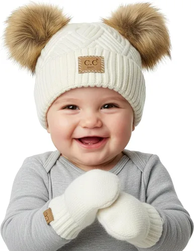 Miniatura 20 de Funky Junque Conjunto de gorro y mitones con doble pompón de pelo sintético para bebé – Gorro de invierno para recién nacidos de 0–9 meses