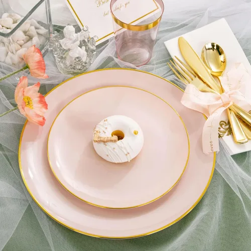 Miniatura 3 de Rubtlamp Juego de 210 platos de plástico rosa con cubiertos de plástico dorado que incluye 30 platos de cena rosa y 30 platos de postre, cubiertos