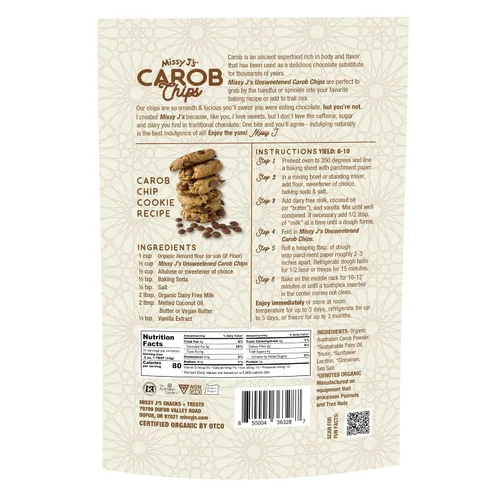 Miniatura 3 de Missy J's Chips de algarrobo orgánico sin azúcar, 8 onzas, veganos y sin gluten, sustituto de chocolate saludable sin cafeína para hornear