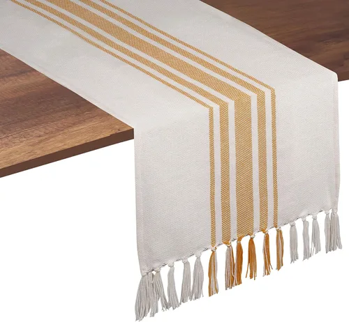 Miniatura 15 de Native Fab Camino de mesa verde azulado de 72 pulgadas de largo – Fundas de mesa bohemias a rayas con flecos – 100% algodón, tejido apretado, mantel