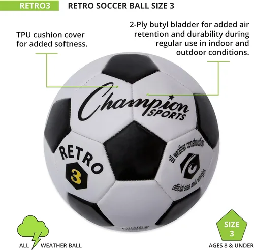 Miniatura 4 de Champion Sports® Balón de fútbol retro – Diseño clásico en blanco y negro, cubierta de TPU de tacto suave, balón para todo clima para juego de club