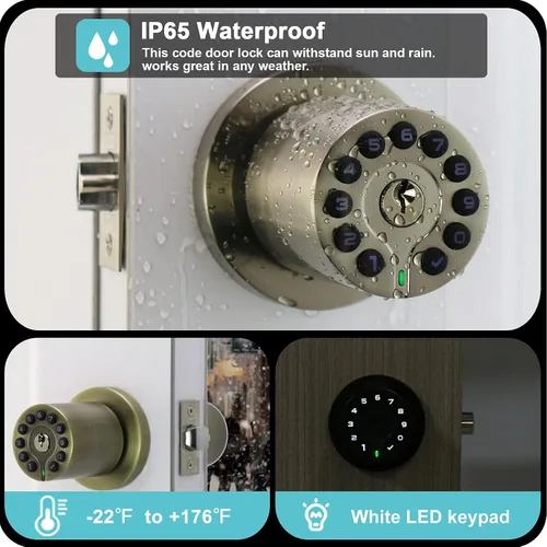 Miniatura 4 de iulock IU-20 Cerradura de puerta con código, pomo de puerta electrónico con teclado y llave, cerradura automática, resistente al agua, función